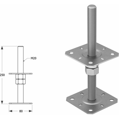 Domax zaskrutkovacia pätka stĺpika nastaviteľná závitová PSR 80 M20 - 80 x 250 x M20 x 3 mm 4 ks