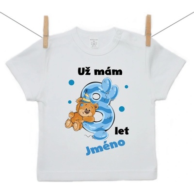 Boodyy tričko s krátkým rukávem Už mám 8 let s Medvídkem a jménem dítěte chlapec