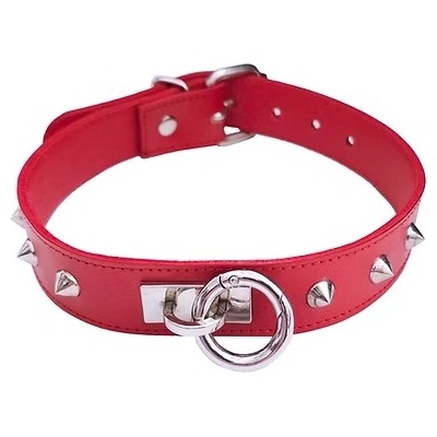 ostatní ROUGE Leather Thin O-Ring Studded Collar with Detachable O-Ring Red