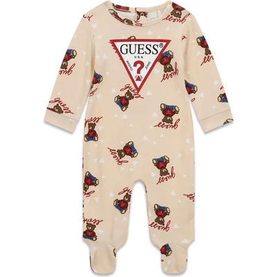 Guess Бежов ромпър за новородено бебе покрит с цветни мечета и червено лого Guess