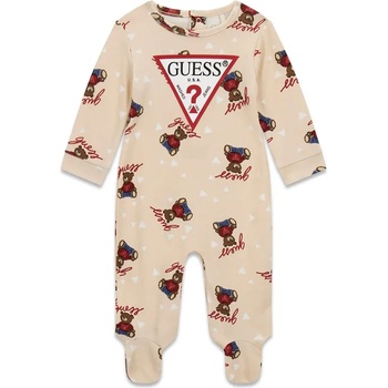 Guess Бежов ромпър за новородено бебе покрит с цветни мечета и червено лого Guess