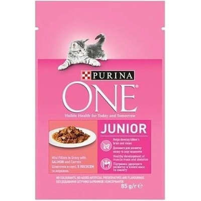 PURINA ONE Junior mini filetky s lososom a mrkvou v šťave 85g