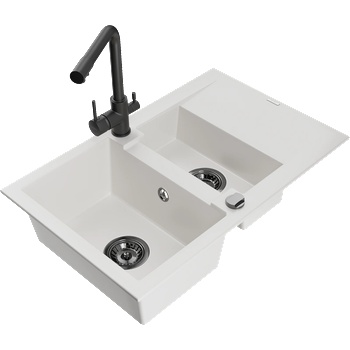 Mexen Gaspar гранитна кухненска мивка 1, 5-коморова с отцедник и кухня батерия Duero, бял - 6507-20-671600-70 (6507-20-671600-70)