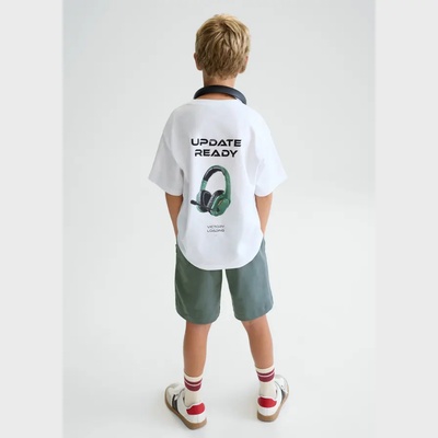 Mayoral Комплект бяла тениска с принт back и къси зелени панталони за момче Mayoral