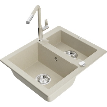 Mexen Carlos гранитна мивка с 1, 5 камери с кухненски смесител Flora, бежов - 6518-69-670401-09 (6518-69-670401-09)