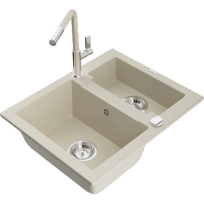 Mexen Carlos гранитна мивка с 1, 5 камери с кухненски смесител Flora, бежов - 6518-69-670401-09 (6518-69-670401-09)