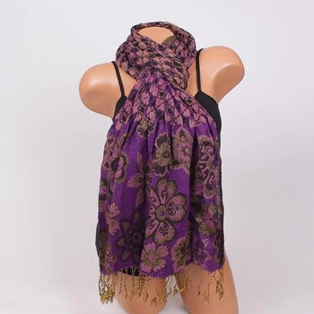 Image 1 of Стилен дамски шал в лилаво с цветя и ресни