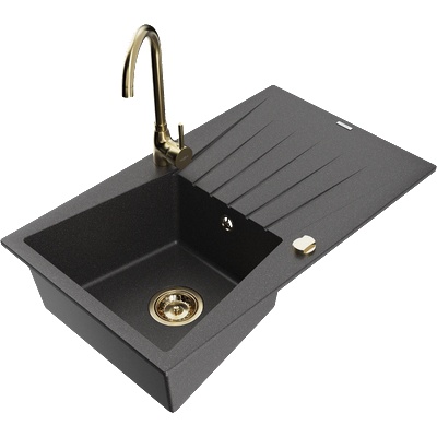 Mexen Cesar гранитна мивка с 1 отделение с отцедник и кухненска батерия Telma, черна на петна - 6514-76-670200-50 (6514-76-670200-50)