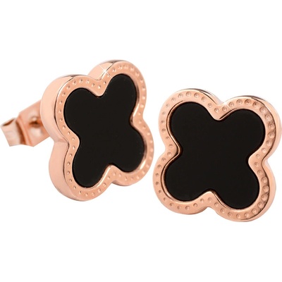 Troli ružovo pozlátené oceľové náušnice kvetinky s čiernym stredom KE-006