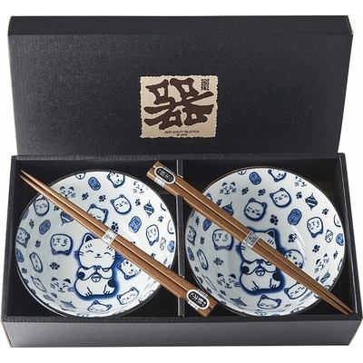Made in Japan Set misek s hůlkami Maneki cat blue 400 ml 2 ks