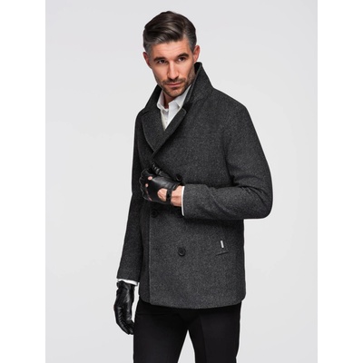 Ombre Men's short double-breasted wool coat graphite čierna