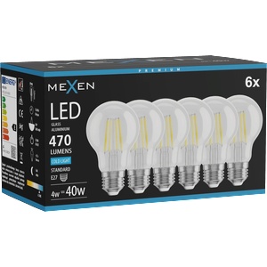 Mexen Vintis 6x Филаментна LED Крушка E27, A60, 4W, Студена - 6500K, 470 lm, прозрачна (L150-E27-0465-00x06)