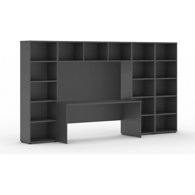 Zostavy knižníc INTEGRO so stolom, nižšie/širšie, 3350x700/400x1923 mm, grafit