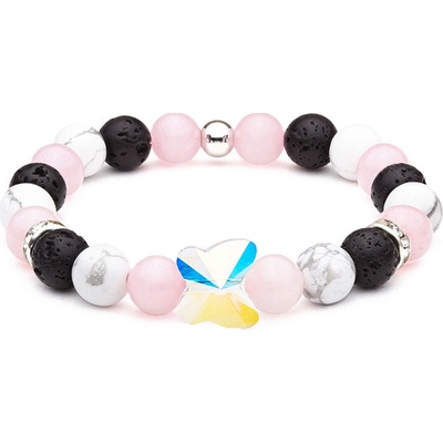 BudNej minerálny náramok motýľ Swarovski z ruženínu howlitu a lávových kameňov MN1122