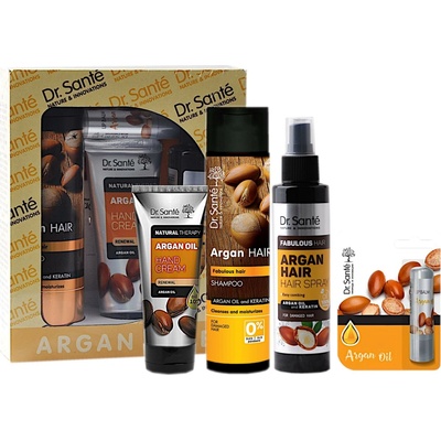 Dr. Santé Argan posilňujúci šampón pre poškodené vlasy 250 ml + bezoplachové sérum v spreji 150 ml + obnovujúci krém na ruky 75 ml + balzam na pery 4 g darčeková sada