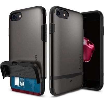 Spigen Flip Armor Case - хибриден кейс с отделение за кр. карти и най-висока степен на защита за iPhone SE (2020), iPhone 8, iPhone 7 (тъмносив)
