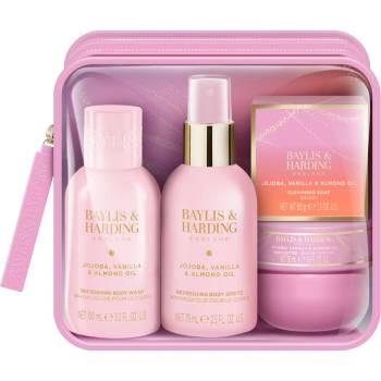 Baylis & Harding Jojoba, Vanilla & Almond Oil sprchový gél 100 ml + telový sprej 75 ml + telové maslo 50 ml + tuhé mydlo 50 g + kozmetická taštička 1 ks