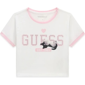 GUESS Детска кроп тениска Guess Eco с коте - Бяла с розови детайли