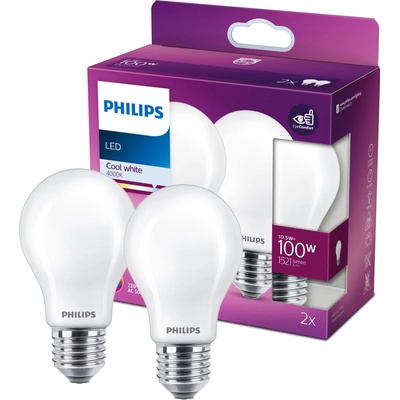 Philips 2x LED Žárovka E27 A60 10,5W = 100W 1521 lm 4000K denní bílá vlákno Mléčné