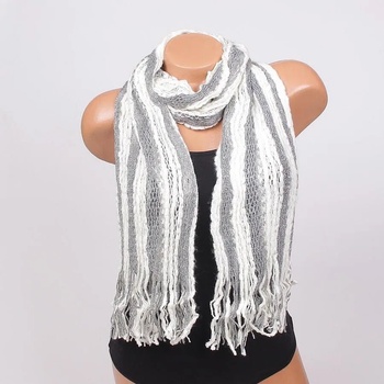 Image 1 of Плетен шал на бяло и сиво райе с ламе и ресни
