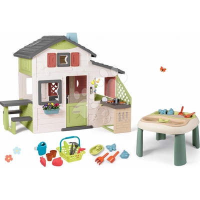 Smoby Set domček Priateľov a stolík na vodu a piesok Friends House Life s kuchynkou a elektronickým zvončekom