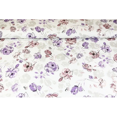 MADE IN ITALY Dekoračná látka Bavlna panama Fialové Kvety, šírka 140 cm Fialová Šírka 140 cm