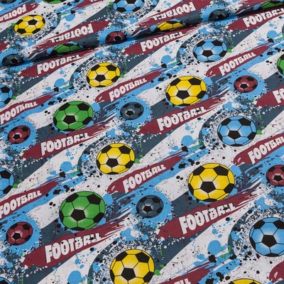 Bavlněné plátno dětské 103000/14535 ORIG. fotbalové míče s nápisy, modrá, š.140cm (látka v metráži)