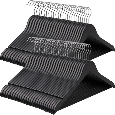 SONGMICS wooden clothes hangers, set of 50, hangers made of solid wood, notches in the shoulder area, non-slip trouser bar, 360° rotating hook, for suits, shirts, black-silver CRW02B-50