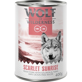 Wolf of Wilderness 6x400г Adult Scarlet Sunrise Wolf of Wilderness, консервирана храна за кучета - свинско със сьомга и риба тон