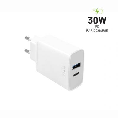FIXED Мрежово зарядно Fixed, С USB-C / USB-A порт, 30 W, Power Delivery, Бял (FIXC30-CU-WH)