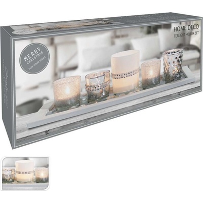 Svícen sklo 6ks set 190x70x90mm na dřevěném tácku, bílá stříbrná