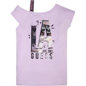 GUESS Тениска с едно рамо в лилаво с надписи за момиче Guess