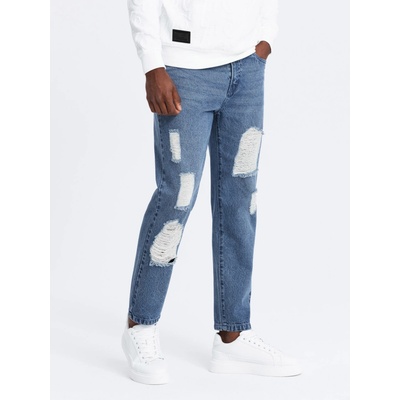 Ombre Men's denim pants CARROT FIT with rubbing blue modrá bílá