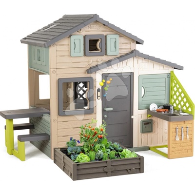 Smoby Domček Priateľov ekologický s pieskoviskom na záhrade v natur hnedých farbách Friends House Evo Playhouse Green