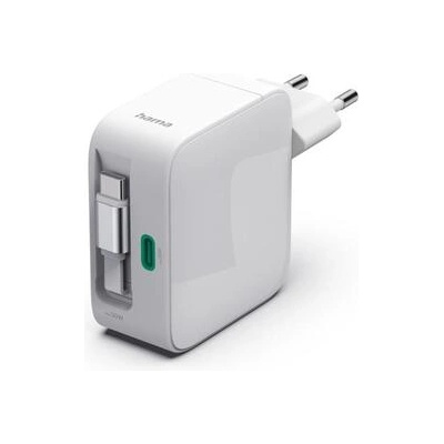 Hama Бързо зарядно, 30 W, GaN, 2x USB-C, с разтегателен кабел 0.7м, бял (HAMA-201956)