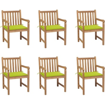 vidaXL Градински столове 6 бр, яркозелени възглавници, тик масив (3073042)