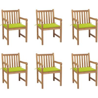 vidaXL Градински столове 6 бр, яркозелени възглавници, тик масив (3073042)