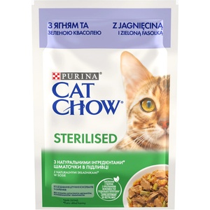  Паучове за котки purina cat chow sterilised, за кастрирани котки над 1 година с агне и зелен фасул - 2.21кг