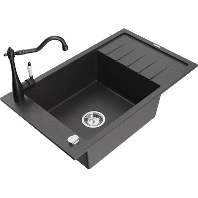 Mexen Elias мивка от гранит с 1 отделение с отцедник и кухненски смесител Carla, черен на петна - 6511-76-670700-70 (6511-76-670700-70)