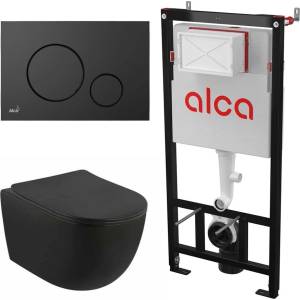 Alcadrain Комплект тоалетно казанче с вградена рамка Alca AM101/1120 и черен капак M678 плюс тоалетна чиния Fluminia Minerva с капак с плавно затваряне (AM101/1120+M678+2210RBM)