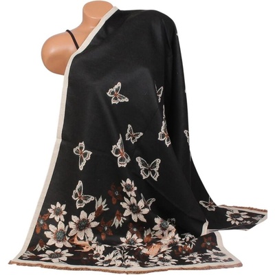 Кашмирен шал в черно с цветя и пеперуди