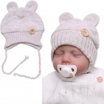 Baby Nellys Pletená čepice s oušky na zavazování Made with Love béžový melírek – Zbozi.Blesk.cz