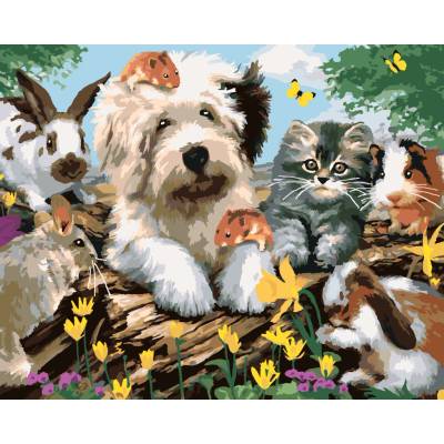 ZUTY Malování podle čísel PES KOČKA A HLODAVCI NA PAŘEZU HOWARD ROBINSON 40 x 50 cm – Zboží Mobilmania