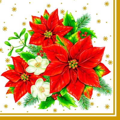 Maki ubrousky vánoční Poinsettia Bouquet White 3V 33x33 cm 20 ks