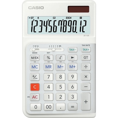 Casio Калкулатор Casio JE-12 E, 12 разряден дисплей, настолен, изчисляване на %, преобразуване на валута, бял (JE-12 E)