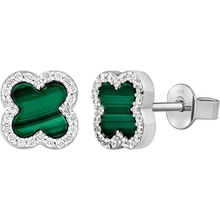 Silvego Strieborné náušnice štvorlístok Jonet s prírodným malachitom a Brilliance Zirconia MW02866EG