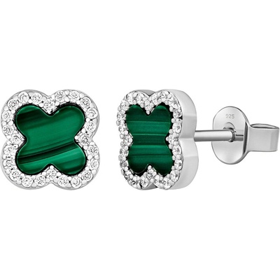 Silvego Strieborné náušnice štvorlístok Jonet s prírodným malachitom a Brilliance Zirconia MW02866EG