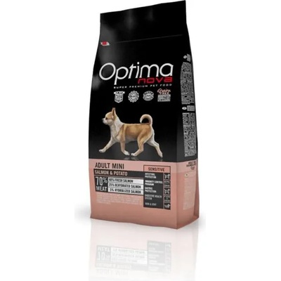 Optima nova adult mini sensitive salmon & potato (сьомга и картофи) 70% месо grain free, Хипоалергична, Суперпремуим храна за кучета над 10 месеца, подходяща за кучета с деликатна кожа и/или деликатен стомах 2 кг