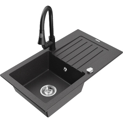 Mexen Pablo кухненска мивка от гранит 1-корпусова с отцедник и кухненски смесител Elia, черен на пръски - 6510-76-670101-70 (6510-76-670101-70)