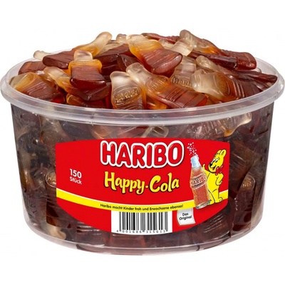 Haribo Happy Cola želé s příchutí ovoce a coly tvar lahviček dóza 1,2 kg